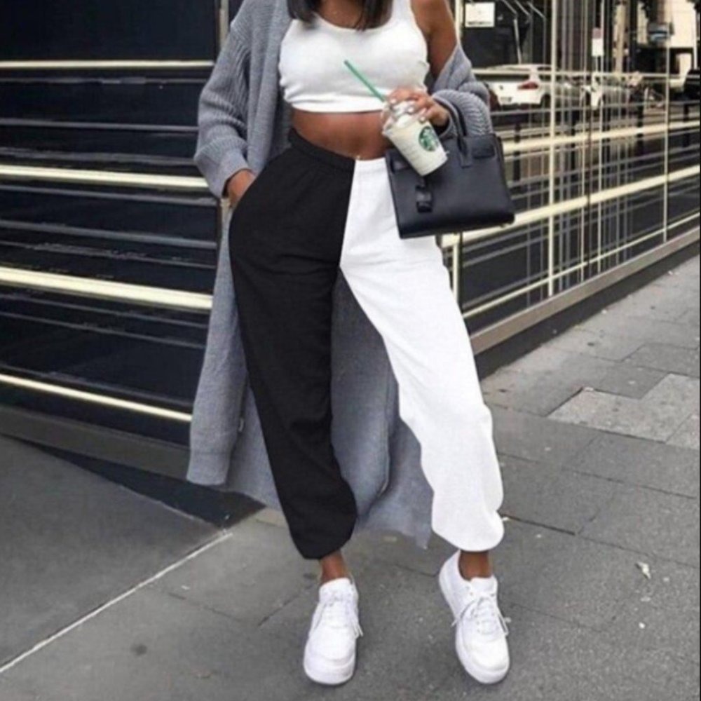 High Waist Joggers Baggy Pants White Black Color Block Sweatpants with Pockets